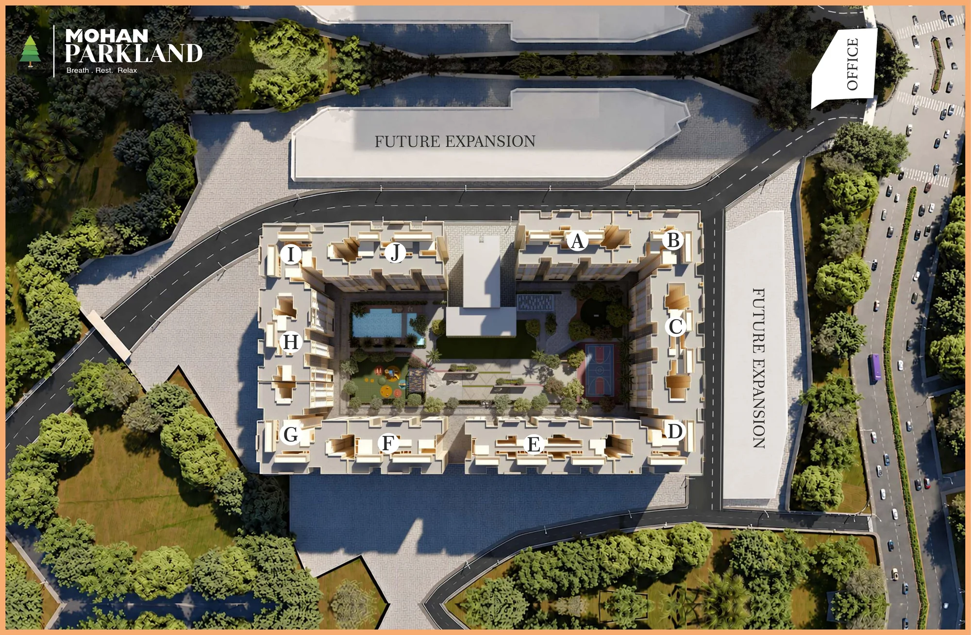 Mohan Parkland master layout plan showing towers A to J around a central courtyard